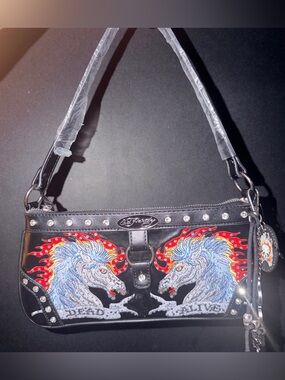 Ed Hardy Black Shoulder Bag with Embroidered Unicorns and Rhinestones